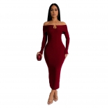 Claret Off Shoulder Long Sleeve Pleated Fashion Women Office Midi Dress