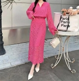 Rose Red Lace Hollow Out Two Pieces Long Sleeve Tops Bodycon Casual Midi Skirt Dress Sets