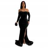 Black Off Shoulder Long Sleeve Velvet Pleated Evening Formal Maxi Dress