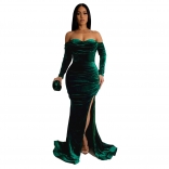 Green Off Shoulder Long Sleeve Velvet Pleated Evening Formal Maxi Dress