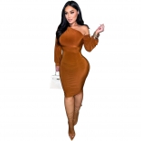 Brown Long Sleeve Velvet Bell-Sleeved Pleated Party Club Dress