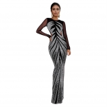 Black Mesh Long Sleeve See Through Rhinestones Sexy Elegant Women Evening Gowns Formal Long Dress