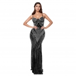 Black Straps Mesh V Neck Rhinestones Bodycon Evening Prom Formal Dress