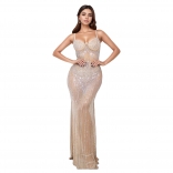 Beige Straps Mesh V Neck Rhinestones Bodycon Evening Prom Formal Dress