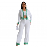 White 3PCS Long Sleeve Striped Knitted Bra + Cardigan + Pant Casual Women Dress