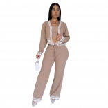 Khaki 3PCS Long Sleeve Striped Knitted Bra + Cardigan + Pant Casual Women Dress