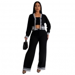 Black 3PCS Long Sleeve Striped Knitted Bra + Cardigan + Pant Casual Women Dress