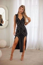 Black Sleeveless Low Cut V Neck Rhinestone Irregular Evening Prom Midi Dress