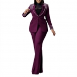 Purple Long Sleeve Pearls Shoulder Slim-Ft Stretch Women Elegant Casual Suit Two-Piece Sets