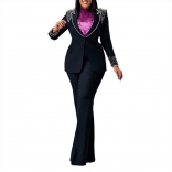 Royal Blue Long Sleeve Pearls Shoulder Slim-Ft Stretch Women Elegant Casual Suit Two-Piece Sets