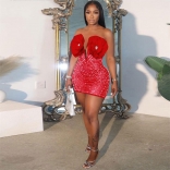 Red Off Shoulder Diamonds Bodycon Women Mesh Sexy Clubwear