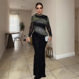 Black Rhinestones Mesh Long Sleeve Evening Prom Party Formal Dress