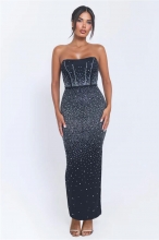 Black Off Shoulder Rhinestone Elegant Women Bodycon Maxi Dress