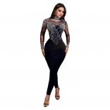 Black Mesh Long Sleeve Rhinestones Women Party Sexy Jumpsuit