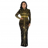 Gold Long Sleeve Diamonds Elegant Women Mesh Sexy Evening Prom Formal Maxi Dress