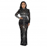 Black Long Sleeve Diamonds Elegant Women Mesh Sexy Evening Prom Formal Maxi Dress