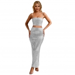 White Diamonds Two Pieces Skirt Sets Straps Off Shoulder Elegant Pleated Midi Dress