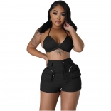 Black Two Pieces Straps V Neck Bras Cargo Pocket Hot Girls Shorts