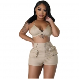 Khaki Two Pieces Straps V Neck Bras Cargo Pocket Hot Girls Shorts