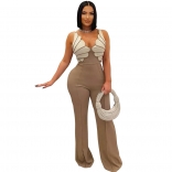 Khaki Straps Irregular Patchwork Bodycon Women Office Street Wear Sexy Jumpsuit