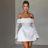 White Off Shoulder Lace Long Sleeve Elegant Women Party Mini Dress