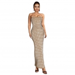 Beige Off Shoulder Sleeveless Round Sparkling Diamonds Elegant Back Split Elegant Midi Dress