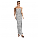 Silver Off Shoulder Sleeveless Round Sparkling Diamonds Elegant Back Split Elegant Midi Dress