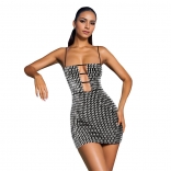 Black Sleeveless Deep V Neck Diamonds Straps Bodycon Party Mini Dress