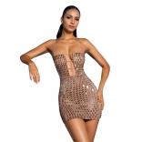 Beige Sleeveless Deep V Neck Diamonds Straps Bodycon Party Mini Dress