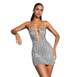 White Sleeveless Deep V Neck Diamonds Straps Bodycon Party Mini Dress