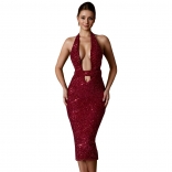 Red Sleeveless Deep V Neck Sequins Halter Slit Bodycon Midi Dress