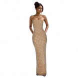 Beige Off Shoulder Diamonds Elegant Women Evening Formal Maxi Dress