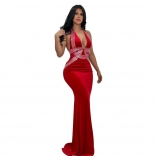 Red Straps Deep V Neck Diamonds Velvet Elegant Bodycon Prom Maxi Dress