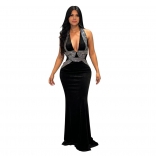 Black Straps Deep V Neck Diamonds Velvet Elegant Bodycon Prom Maxi Dress