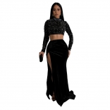 Black Two Pieces Long Sleeve Sequins Tops Velvet High Split Pleated Evening Maxi Dress