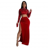 Red Two Pieces Long Sleeve Sequins Tops Velvet High Split Pleated Evening Maxi Dress