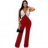 Red Straps Irregular Patchwork Bodycon Women Office Street Wear Sexy Jumpsuit