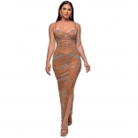 Beige Strapless Low Cut Mesh Rhinestones Elegant Women Dress for Formal Styles