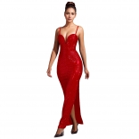 Red Strapless V Neck Sexy Women America Styles Dress for Party Formal Clothing