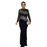 Black Long Sleeve Diamonds Bodycon Women Evening Prom Gowns Maxi Dress