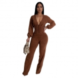 Brown Zipper Low Cut Long Sleeve Velvet Bodycon Sexy Jumpsuit