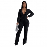 Black Zipper Low Cut Long Sleeve Velvet Bodycon Sexy Jumpsuit