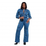 Blue Seven Sleeve Button Denim Casual Cargo Jeans Wide Leg Jumpsuit