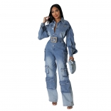 Blue Long Sleeve Denim Casual Cargo Pocket Jeans Women Rompers