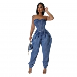 Blue Off Shoulder Zipper Pleated High Elasticity Sexy Jumpsuit Dress