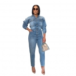 Blue Long Sleeve Denim Button Fashion Casual Jeans Rompers