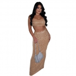 Beige Off the Shoulder Diamonds Two Pieces Party Midi Dress