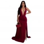 Claret Sleeveless Deep V Neck Pleated Elegant High Slit Bodycon Formal Dress