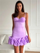 Purple Strapless Off the Shoulder Mesh Pleated Slim Fit Casual Mini Dress