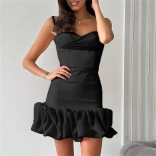 Black Strapless Off the Shoulder Mesh Pleated Slim Fit Casual Mini Dress